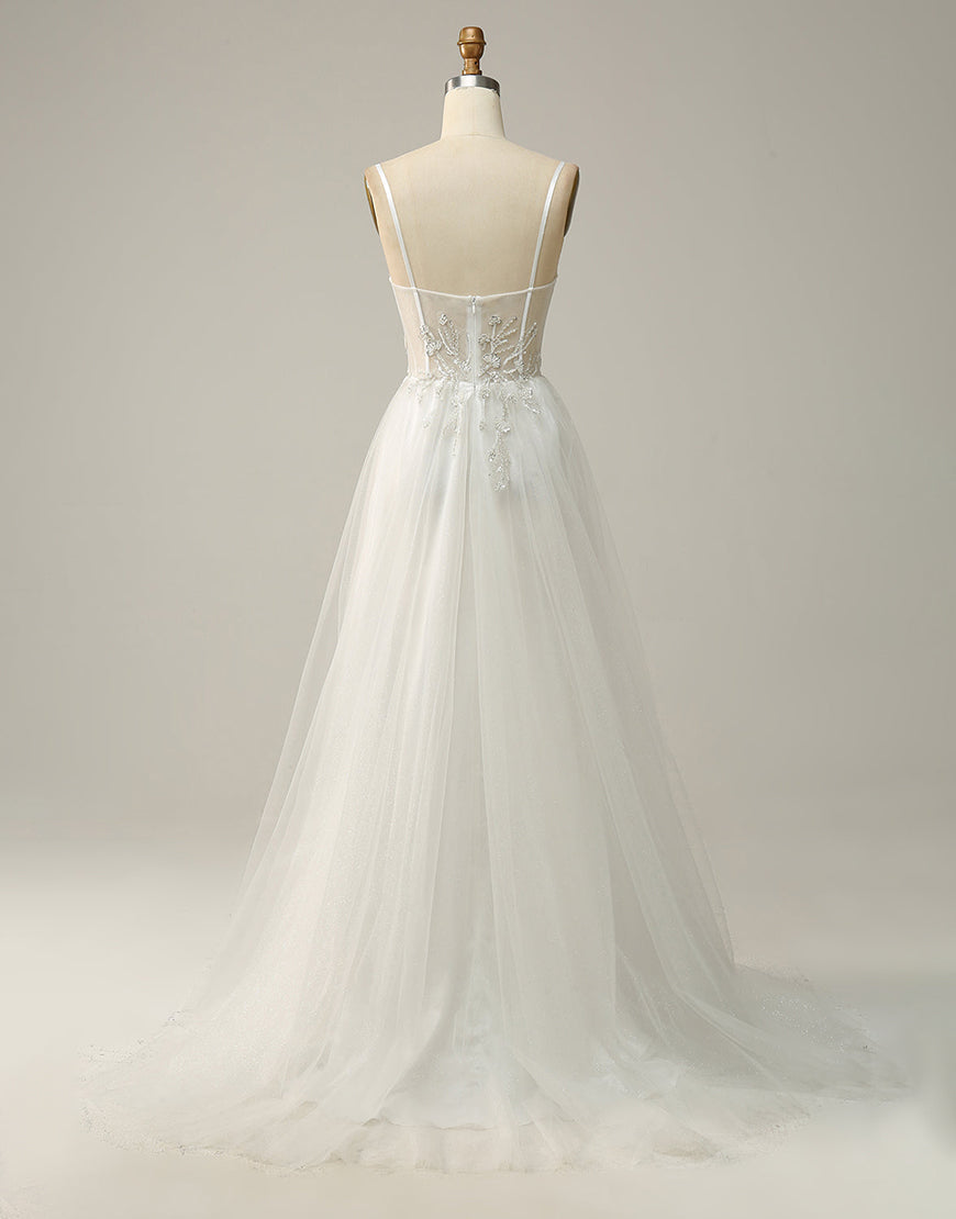 Luolandi A Line Spaghetti Straps Long Bridal Dress with Appliques With Slit Beautiful